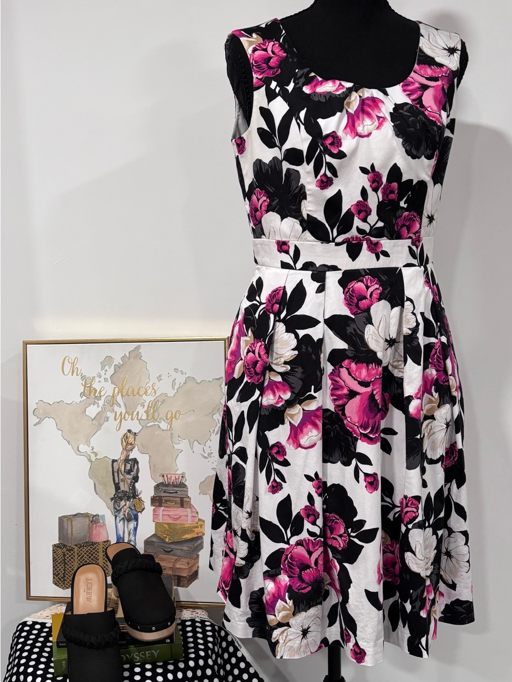 White House Black Market Sleeveless Floral Midi Dress in White, Black and Pink